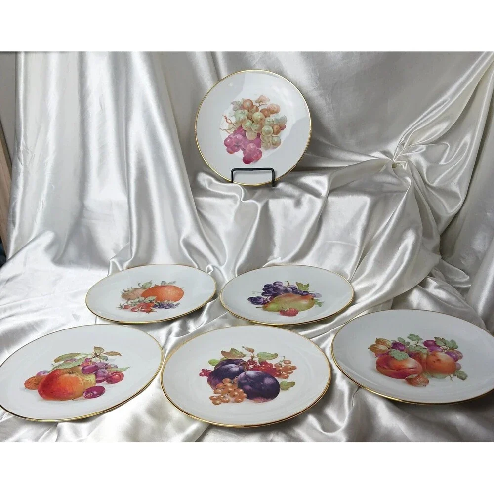 VINTAGE SCHUMANN MADE IN GERMANY FRUIT DESIGN GOLD TRIM 7 1/4'' PLATE LOT OF 6